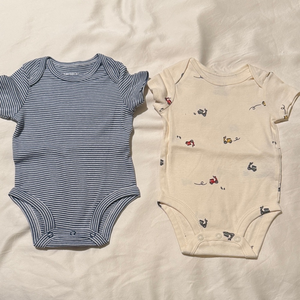 Carter's Blue Striped & Cream Scooter Print One-Piece Bodysuits